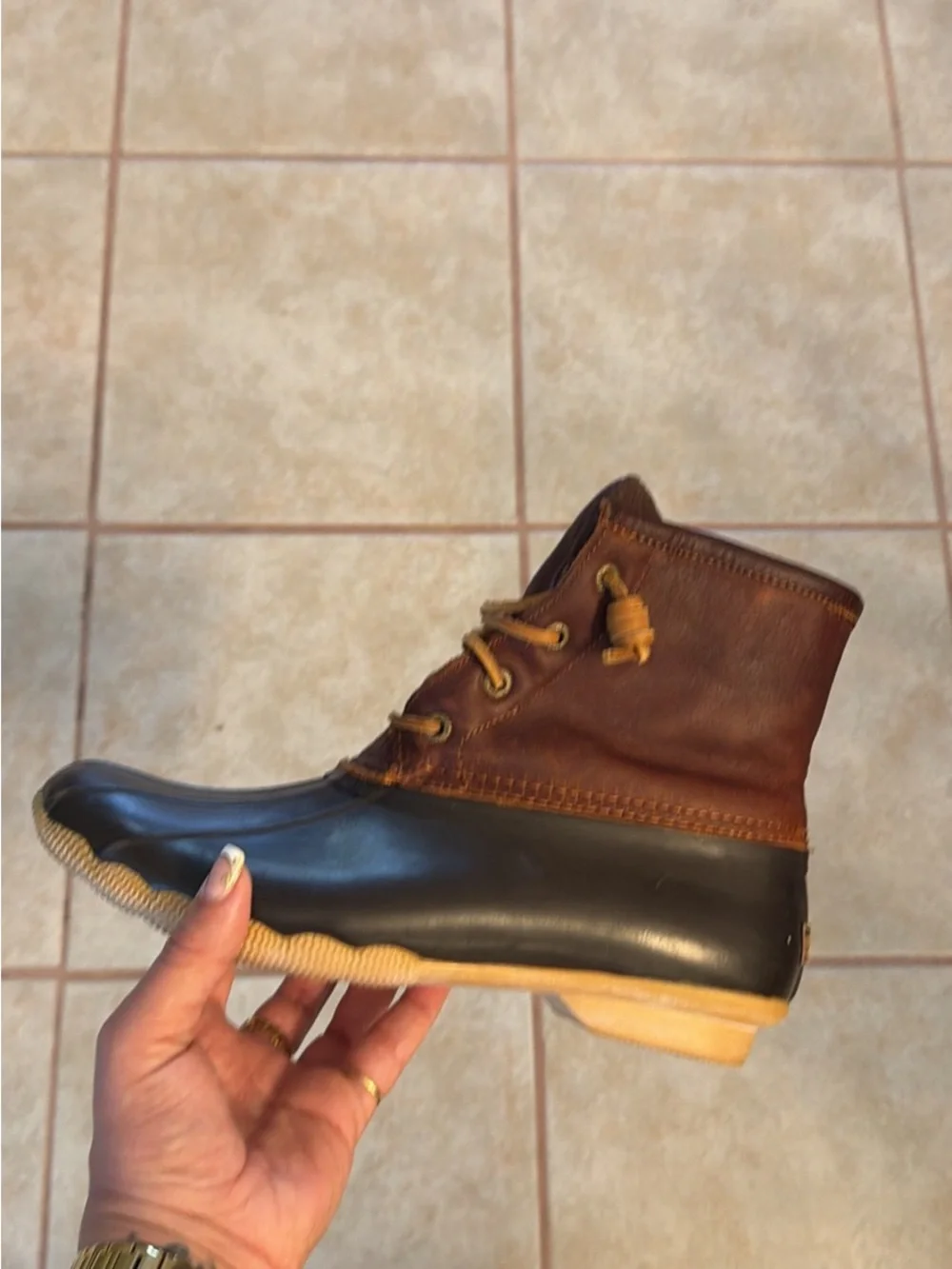 Sperry Brown Leather and Black Rubber Duck Boots with Tan Laces